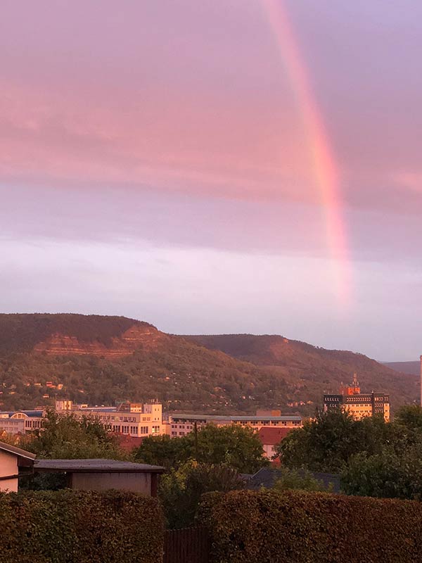 Regenbogen über der Gartenanlage